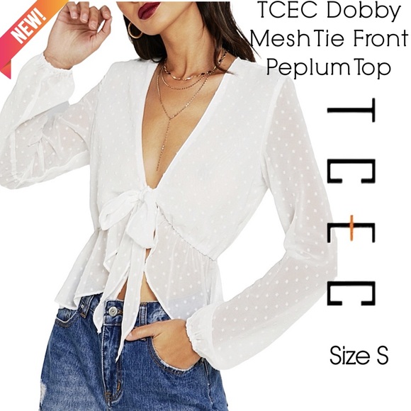 Tops - TCEC Dobby Mesh Tie Front Peplum Top
